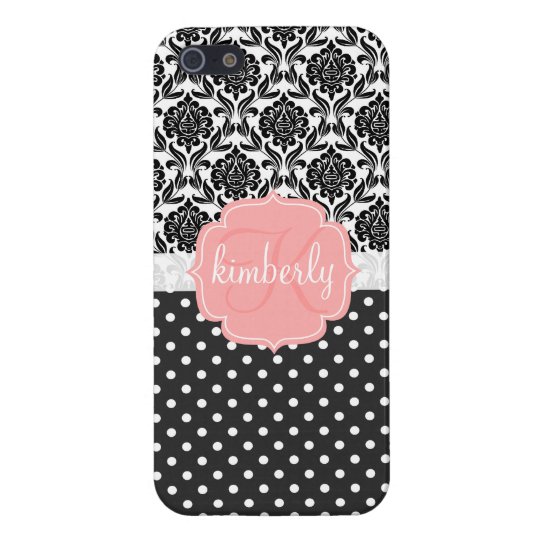 Elegant Black & White Damask Pink Girly Monogram Cover For iPhone SE/5/5s