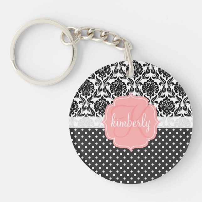Elegant Black & White Damask Pink Girly Monogram Keychain (Front)