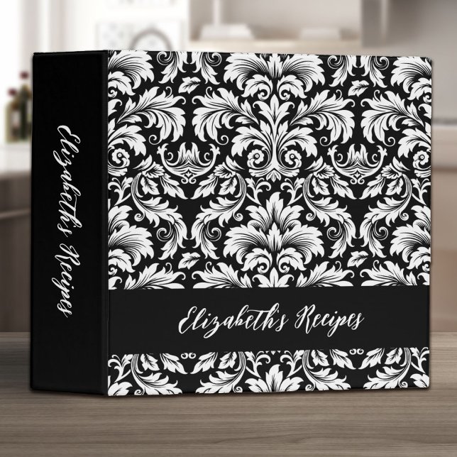 Elegant Black White Damask Recipe 3 Ring Binder (An modern elegant black and white Damask Recipe binder. Ppersonalize it with your name.)