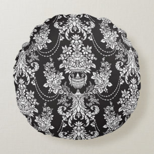 Elegant Black White Damask Round Pillow