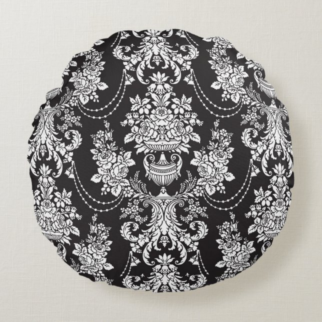 Elegant Black White Damask  Round Pillow (Front)