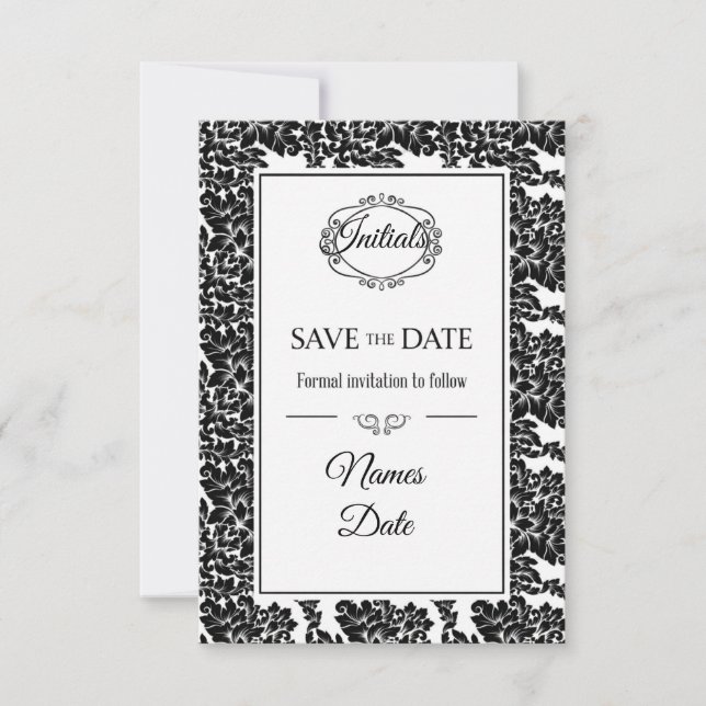 Elegant Black & White Damask Save the Date Invites (Front)