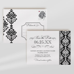 Elegant Black White Damask Scrollwork Wedding Announcement Postcard