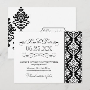 Elegant Black White Damask Scrollwork Wedding Announcement Postcard