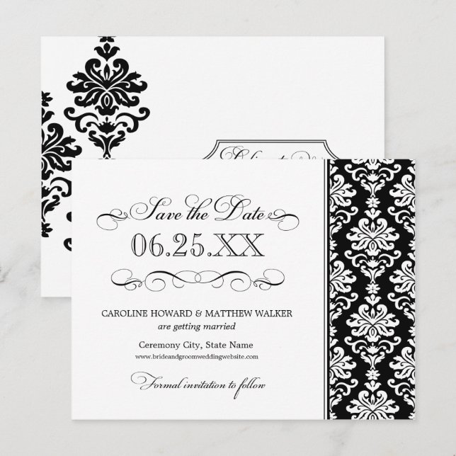 Elegant Black White Damask Scrollwork Wedding Announcement Postcard (Front/Back)