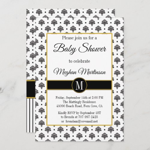 Elegant Black White Damask Stripes Baby Shower Invitation