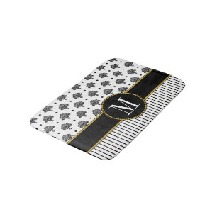 Elegant Black White Damask Stripes Gold Monogram Bath Mat