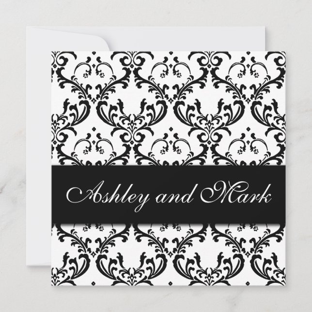 Elegant Black White Damask Wedding Invitation (Front)