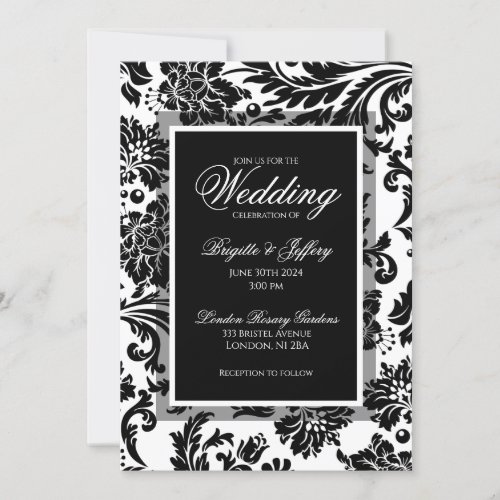 Elegant black  white damask wedding invitation