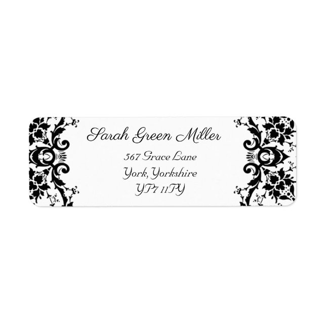 Elegant Black White Damask Wedding Return Address Label (Front)