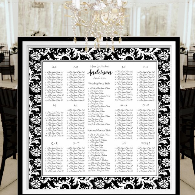 Elegant Black White Damask Wedding Seating Chart (To see frame pricing, please enter your frame and mat options.)