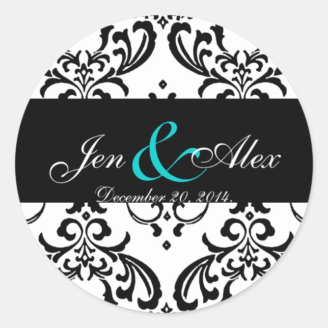 Elegant Black White Damask Wedding Sticker Aqua (Front)