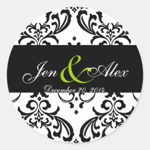 Elegant Black White Damask Wedding Sticker Green