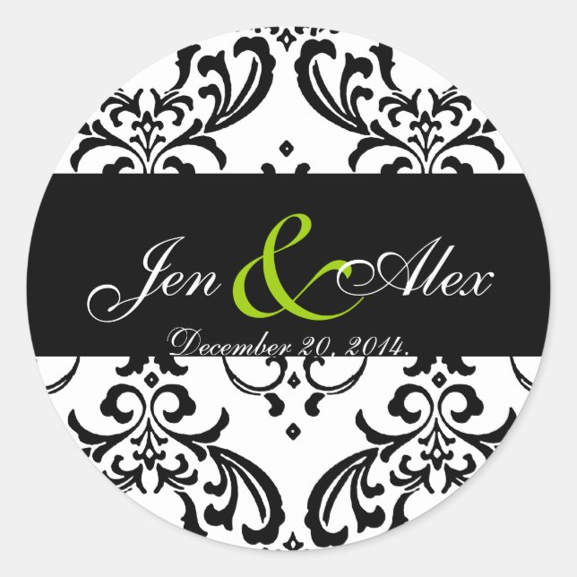 Elegant Black White Damask Wedding Sticker Green (Front)