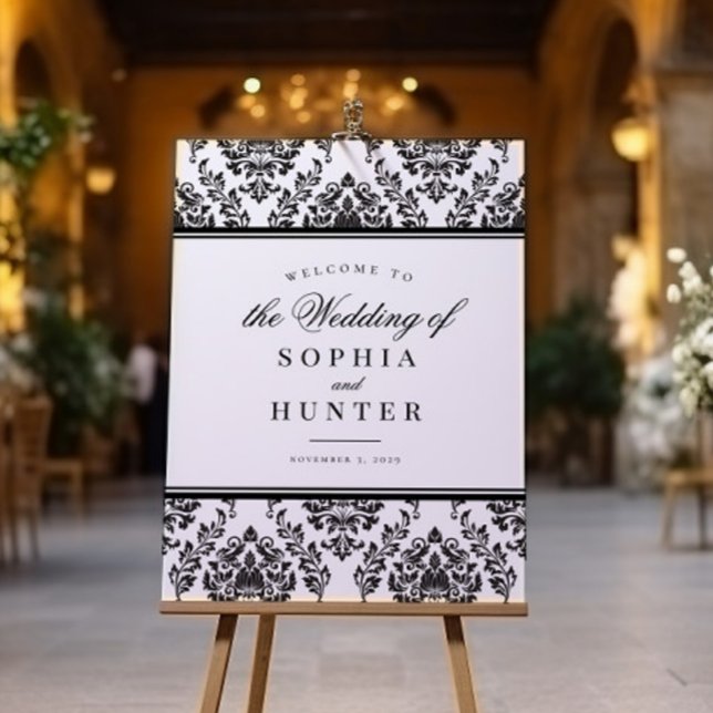 Elegant Black White Damask Wedding Welcome Sign (Creator Uploaded)