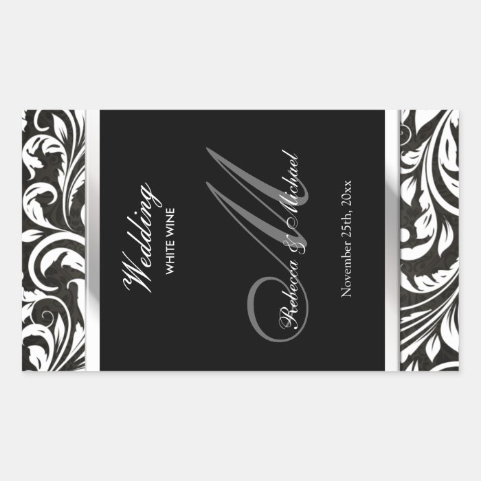 Elegant Black & White Damask Wine Labels Rectangle Stickers