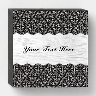 Elegant Black White Damask With Fancy Scrolls Wooden Box Sign
