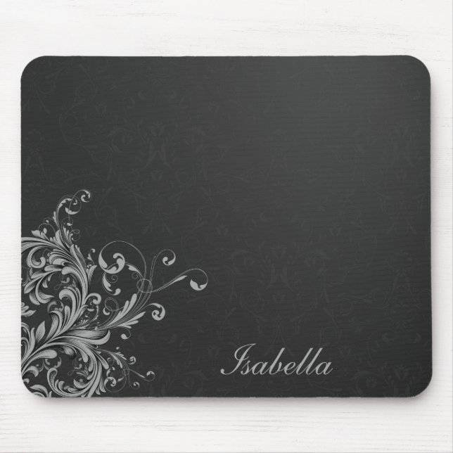 Elegant black white damask with floral mouse pad (Front)