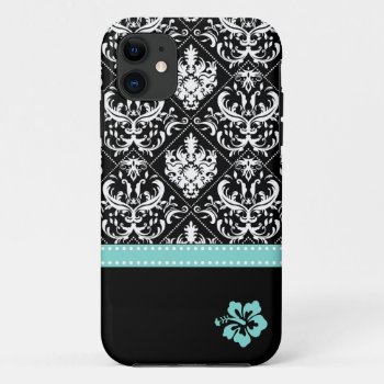 Elegant Black & White Damask With Hibiscus Iphone 11 Case by eatlovepray at Zazzle