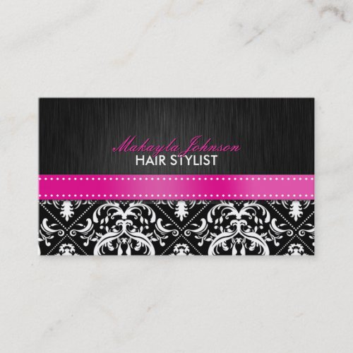 Elegant Black &amp; White Damask with Hot Pink Ribbon Business Card Templates