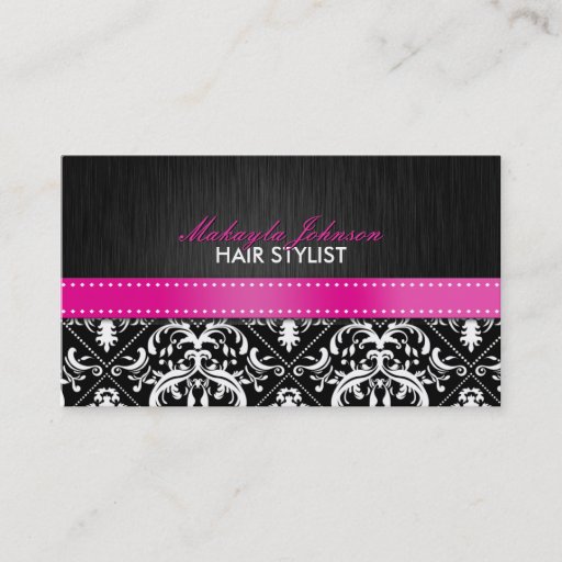 Customizable Elegant Black &amp; White Damask with Hot Pink Ribbon Business Card Templates