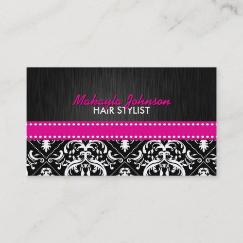Elegant Black &amp; White Damask with Hot Pink Ribbon Business Card Template