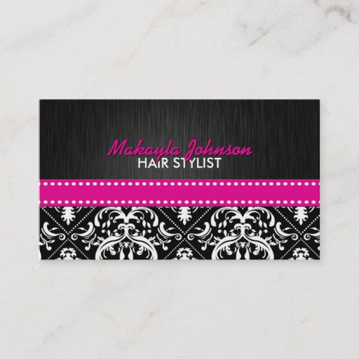 Customizable Elegant Black &amp; White Damask with Hot Pink Ribbon Business Card Template