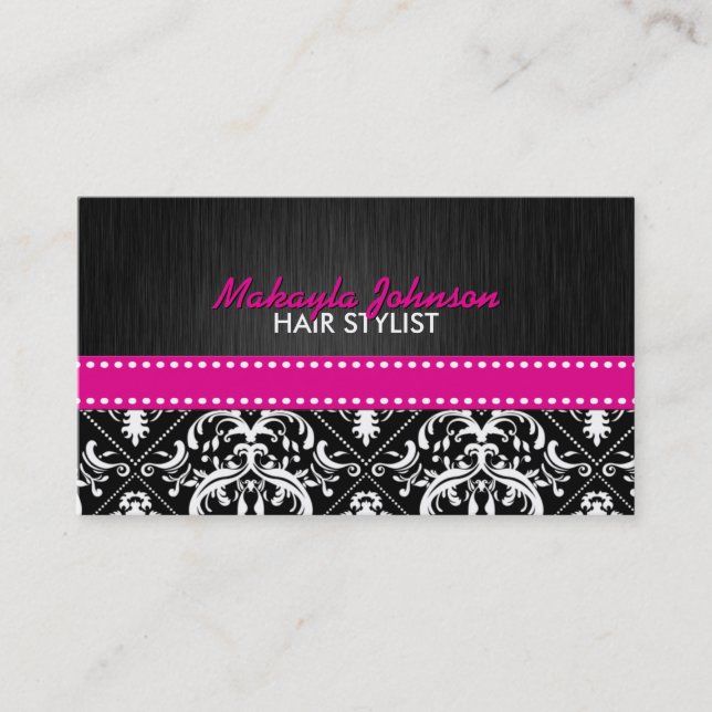 Elegant Black & White Damask with Hot Pink Ribbon Appointment Card (Front)