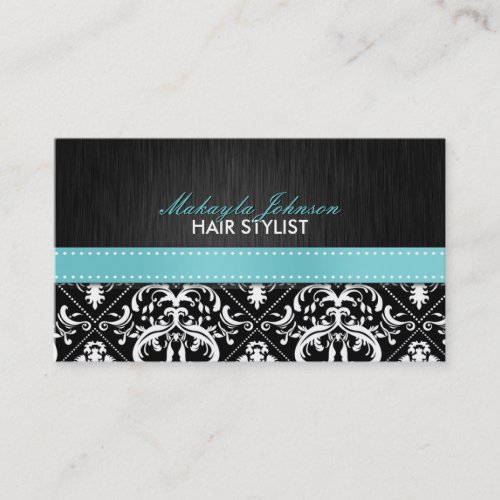 Elegant Black &amp; White Damask with Teal Blue Ribbon Business Card