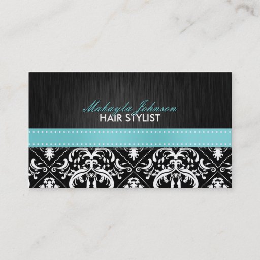 Customizable Elegant Black &amp; White Damask with Teal Blue Ribbon Business Card