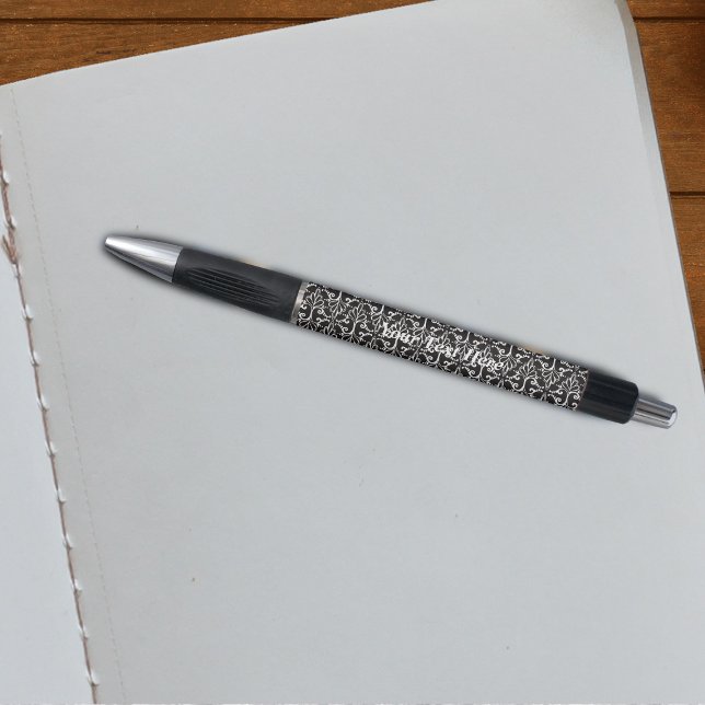 Elegant Black White Damask With White Scrolls Pen (Elegant damask pattern with scrolls in black and white on a writing pen.)