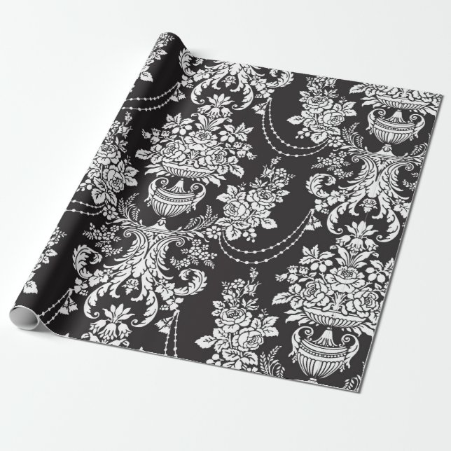 Elegant Black White Damask Wrapping Paper (Unrolled)