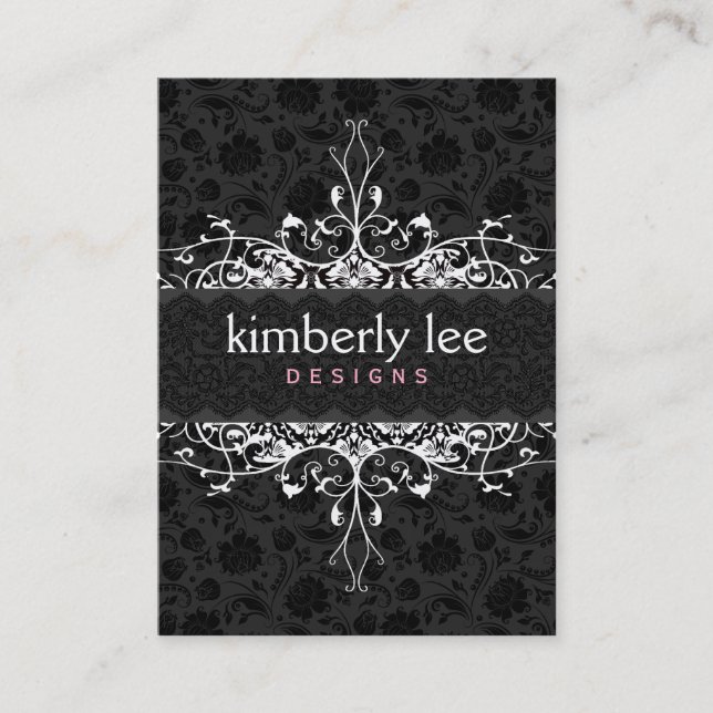 Elegant Black & White Damasks & Lace Business Card (Front)
