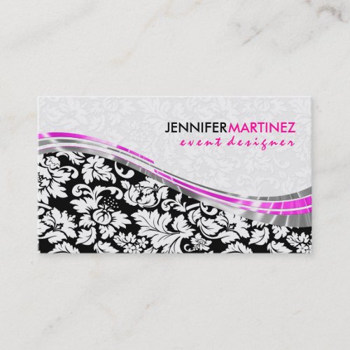 Elegant Black  White Damasks With Pink Accents Business Card