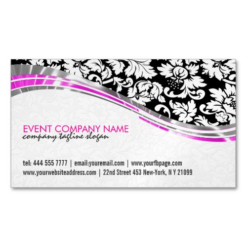 Elegant Black  White Damasks With Pink Accents Magnetic Business Card