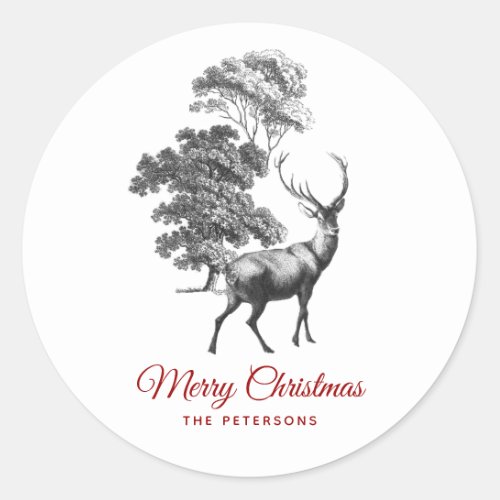 Elegant Black White Deer in Forest Name Classic Round Sticker
