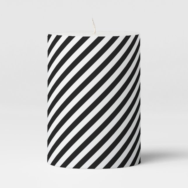 Elegant Black White Diagonal Stripes Pillar Candle (Front)