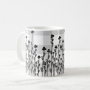 Elegant black white doodle floral gray gingham coffee mug