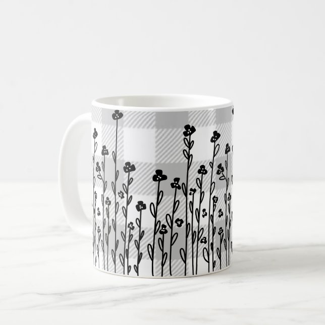 Elegant black white doodle floral gray gingham coffee mug (Front Left)