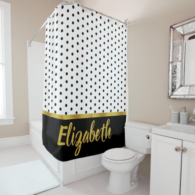 Elegant Black White Dot Pattern Gold Script Name Shower Curtain (In Situ)