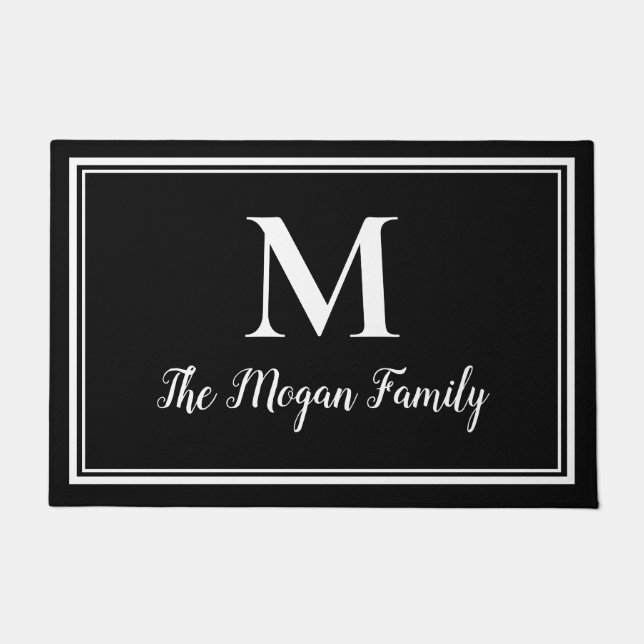 Elegant Black White Double Borders Custom Monogram Doormat (Front)