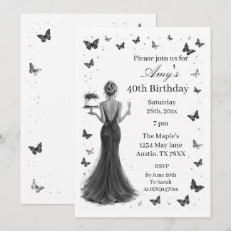  Elegant black & white dress butterflies 40th  Invitation