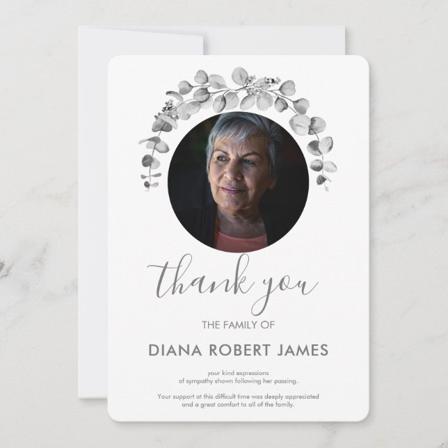 Elegant Black White Eucalyptus Photo Sympathy Thank You Card (Front)