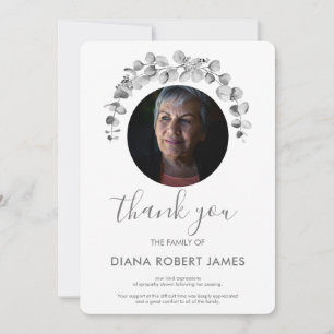 Elegant Black White Eucalyptus Photo Sympathy Thank You Card