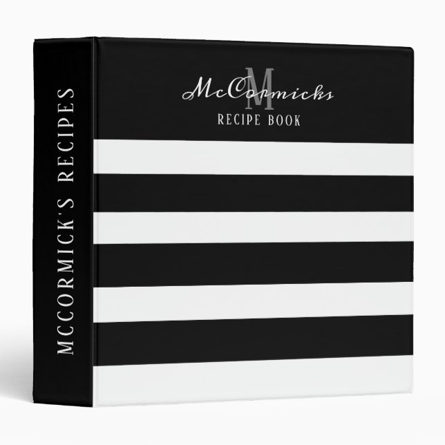 Elegant Black White Family Monogram Recipe  3 Ring Binder (Front/Spine)