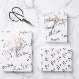Elegant Black White Family Name Heart Christmas Wr Wrapping Paper Sheets