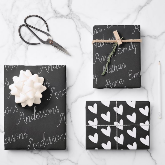 Elegant Black White Family Name Heart Christmas Wrapping Paper Sheets (Front)