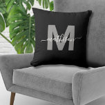 Elegant Black White Family Name Monogram Throw Pillow<br><div class="desc">Personalized Elegant Black White Family Name Monogram Throw Pillow. This chic monogram pillow combines a modern minimalist, clean, and simple style with a sophisticated yet trendy vibe, making it a versatile accent piece. Featuring a bold gray initial over a sleek black background with an elegant white script calligraphy name, it’s...</div>