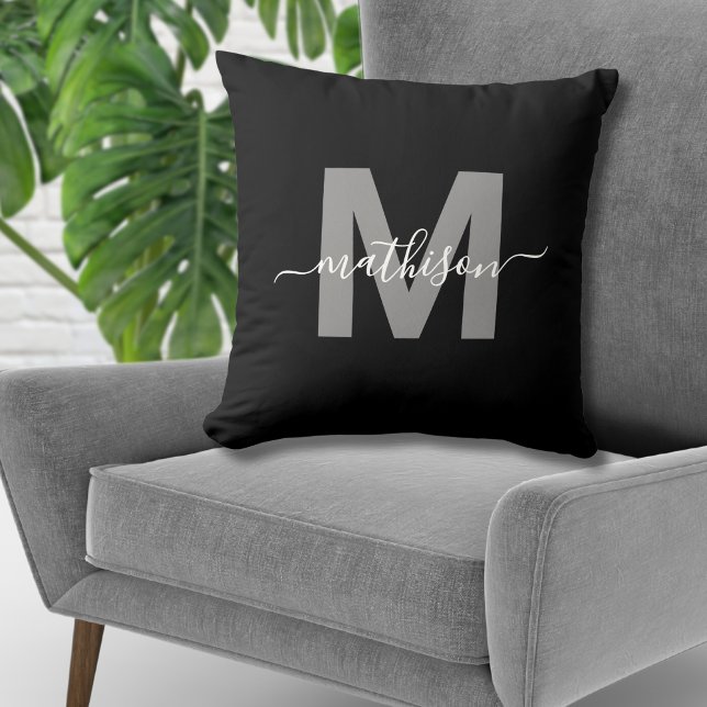 Elegant Black White Family Name Monogram Throw Pillow (Elegant Black White Family Name Monogram Throw Pillow)