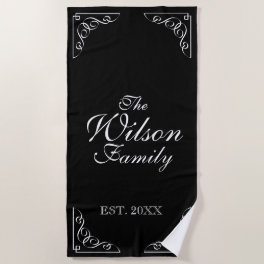 Elegant black & white family name year established beach towel